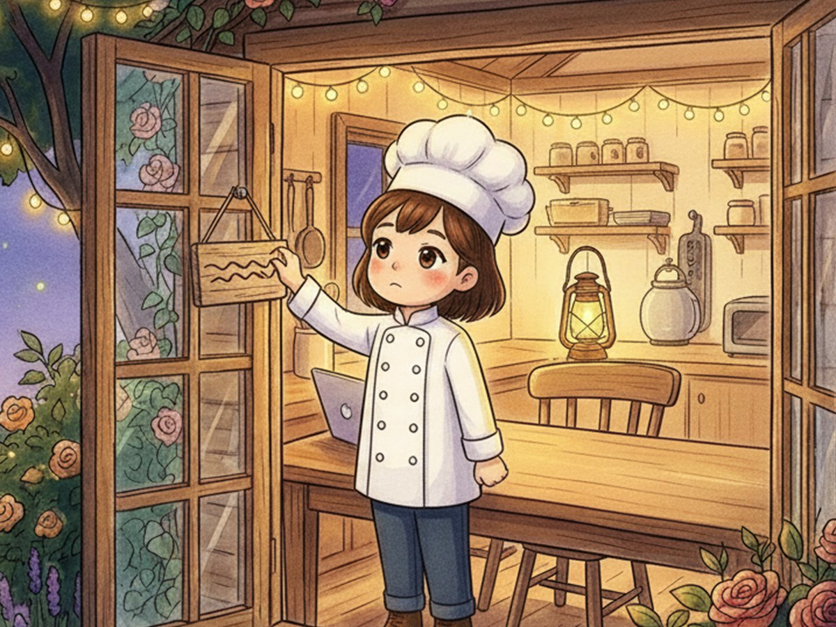 閉店の札を裏返すパティシエちゃん