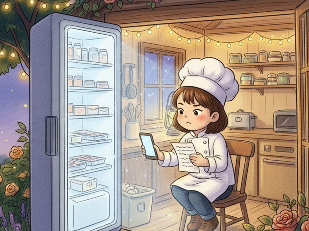 冷蔵庫を開けて発注を考えるパティシエちゃん