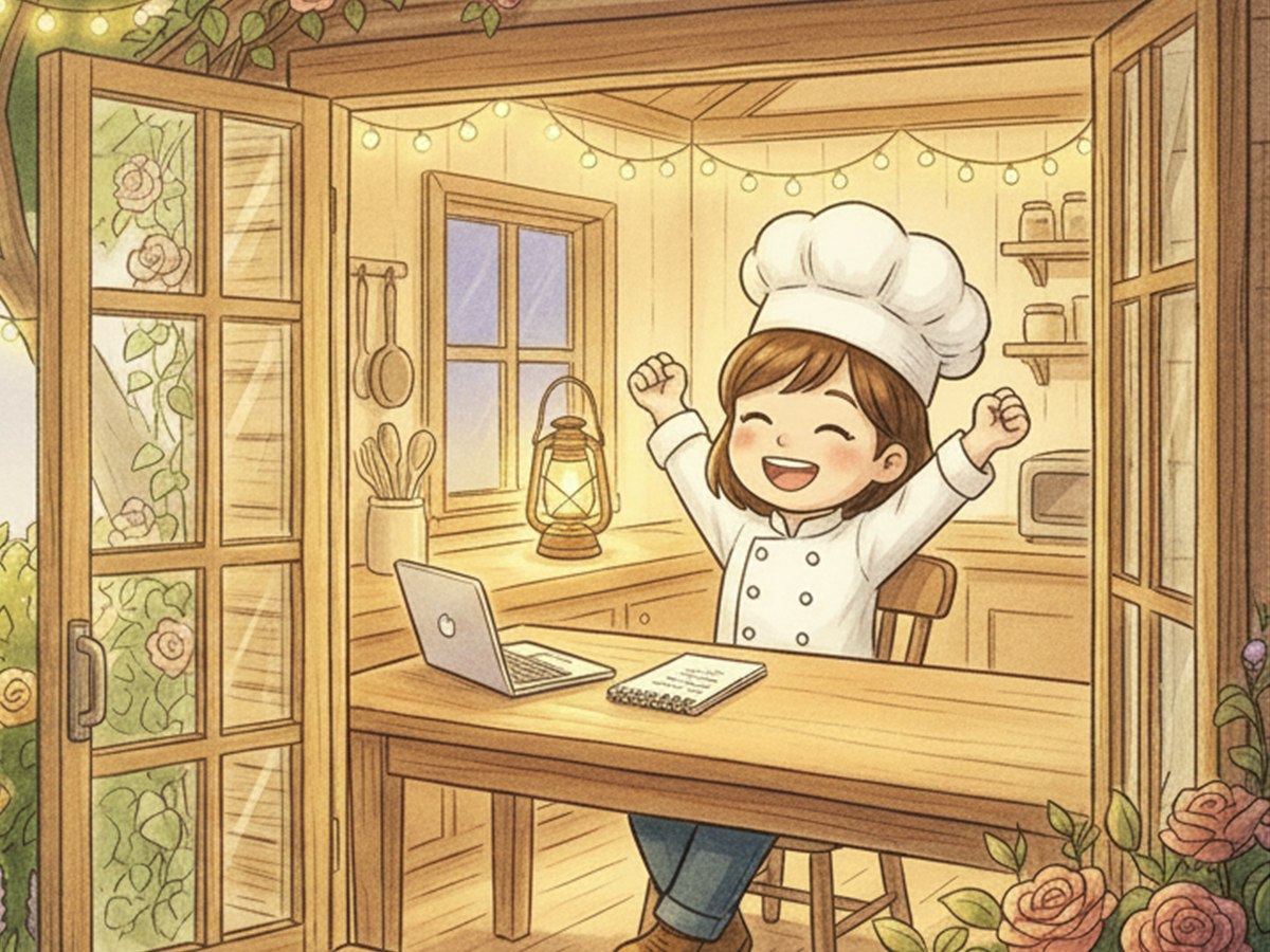 朝の光の中で伸びをするパティシエちゃん