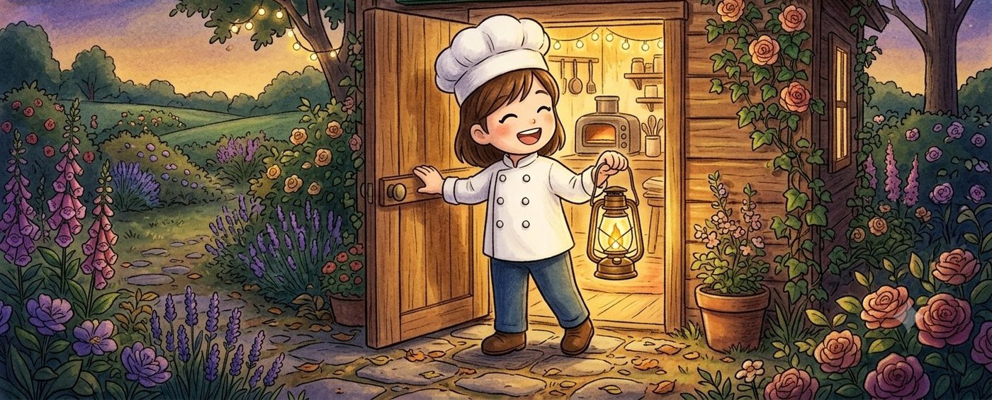夕暮れの花畑に立つ小屋。ランタンを持ったパティシエちゃんが扉を開けて迎えている